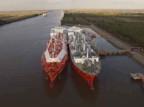 Clean energy LNG ship to ship transfer at LNG terminal